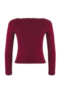 TRENDYOLMİLLA Teen Burgundy Cowl Neck buttoned Lace Detailed Fitted Flexible Knitting Blouse - Image 6
