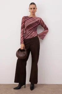 TRENDYOLMİLLA Burgundy Checkered Boat Neck Asymmetric Detailed Fitted Knitting Blouse - Image 2