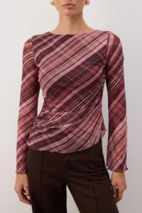 TRENDYOLMİLLA Burgundy Checkered Boat Neck Asymmetric Detailed Fitted Knitting Blouse - Image 3