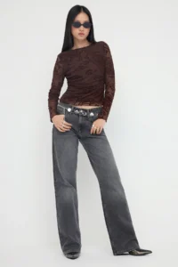 TRENDYOLMİLLA Brown Fitted Printed Tulle Long Sleeve Boat Neck Knitting Blouse - Image 2