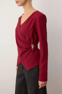 TRENDYOLMİLLA Burgundy Double breasted Hair Clip Detailed Weaving Blouse - Image 3