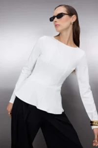 TRENDYOLMİLLA Ecru Boat Neck peplum/Waisted Regular Length Knitting Blouse - Image 2