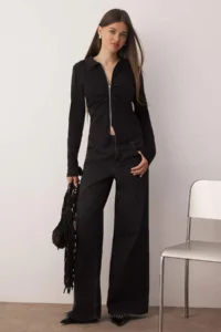 TRENDYOLMİLLA Black Polo Shirt Collar Zippered Shirred Fitted Flexible Knitting Blouse - Image 2