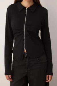 TRENDYOLMİLLA Black Polo Shirt Collar Zippered Shirred Fitted Flexible Knitting Blouse - Image 3