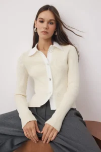 TRENDYOLMİLLA Ecru Premium Thread/Special Thread Shirt Garnished Knitwear Thin Blouse - Image 2