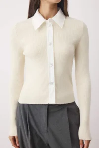 TRENDYOLMİLLA Ecru Premium Thread/Special Thread Shirt Garnished Knitwear Thin Blouse - Image 3