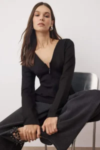 TRENDYOLMİLLA Black V-neck Zippered Reguler/Normal Cut Knitting Blouse - Image 2