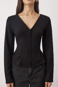 TRENDYOLMİLLA Black V-neck Zippered Reguler/Normal Cut Knitting Blouse - Image 3