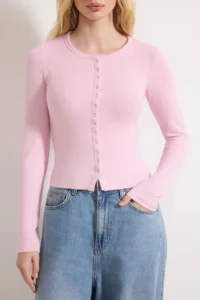 TRENDYOLMİLLA Light PINK Front Full snaps Fitted/Body-Sitting Knitting Blouse - Image 3