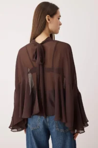 TRENDYOLMİLLA Dark Brown with flywheel Unlined Boho Weaving Blouse - Image 4