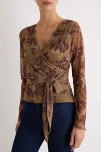 TRENDYOLMİLLA Multicolored Abstract Floral wrap Fitted Tulle Knitting Blouse - Image 3