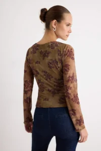TRENDYOLMİLLA Multicolored Abstract Floral wrap Fitted Tulle Knitting Blouse - Image 4