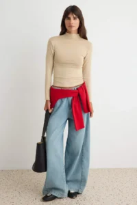 TRENDYOLMİLLA BEIGE Melange Transparan High Neck Flexible Normal Size Knitting Blouse - Image 2