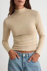 TRENDYOLMİLLA BEIGE Melange Transparan High Neck Flexible Normal Size Knitting Blouse - Image 3