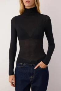TRENDYOLMİLLA Black  Transparan High Neck Flexible Normal Size Knitting Blouse - Image 3