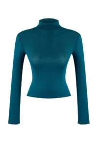 TRENDYOLMİLLA Emerald Green Transparan High Neck Flexible Normal Size Knitting Blouse - Image 5