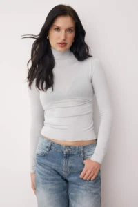 TRENDYOLMİLLA Gray Melange Transparan High Neck Flexible Normal Size Knitting Blouse