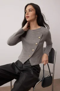 TRENDYOLMİLLA Gray Asymmetric Button Detailed Regular Knitting Blouse