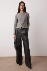 TRENDYOLMİLLA Gray Asymmetric Button Detailed Regular Knitting Blouse - Image 2