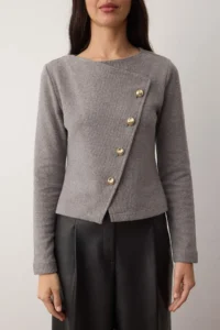 TRENDYOLMİLLA Gray Asymmetric Button Detailed Regular Knitting Blouse - Image 3