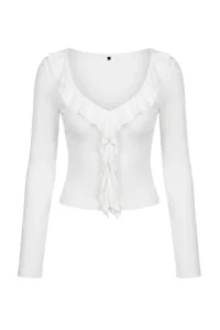 TRENDYOLMİLLA Ecru Frilly Fitted Knitting Blouse - Image 5