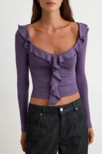 TRENDYOLMİLLA Purple Frilly Fitted Knitting Blouse - Image 3