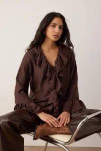 TRENDYOLMİLLA Dark Brown Ruffle Detailed Weaving Blouse - Image 2