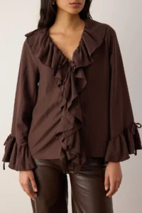 TRENDYOLMİLLA Dark Brown Ruffle Detailed Weaving Blouse - Image 3