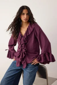 TRENDYOLMİLLA Purple Ruffle Detailed Weaving Blouse