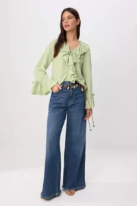TRENDYOLMİLLA Light Green Ruffle Detailed Weaving Blouse