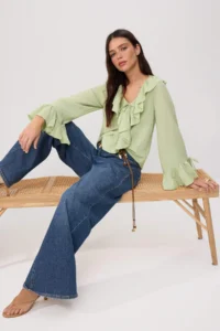 TRENDYOLMİLLA Light Green Ruffle Detailed Weaving Blouse - Image 2