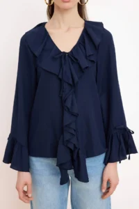 TRENDYOLMİLLA NAVY BLUE Ruffle Detailed Weaving Blouse  B - Image 3