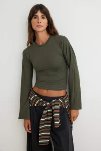 TRENDYOLMİLLA Dark Khaki Spanish Arm Shirring Detailed Regular/Normal Pattern Knitting Blouse