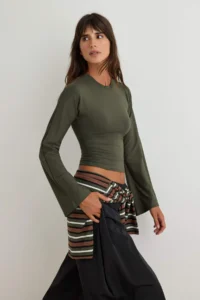 TRENDYOLMİLLA Dark Khaki Spanish Arm Shirring Detailed Regular/Normal Pattern Knitting Blouse - Image 2