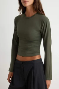 TRENDYOLMİLLA Dark Khaki Spanish Arm Shirring Detailed Regular/Normal Pattern Knitting Blouse - Image 3