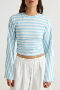TRENDYOLMİLLA BLUE Striped Spanish Arm Shirring Detailed Regular/Normal Pattern Knitting Blouse - Image 3