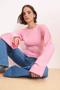 TRENDYOLMİLLA PINK Spanish Arm Shirring Detailed Regular/Normal Pattern Knitting Blouse - Image 2