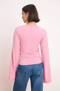 TRENDYOLMİLLA PINK Spanish Arm Shirring Detailed Regular/Normal Pattern Knitting Blouse - Image 4