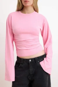 TRENDYOLMİLLA PINK Spanish Arm Shirring Detailed Regular/Normal Pattern Knitting Blouse - Image 7