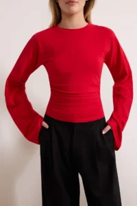 TRENDYOLMİLLA Red Spanish Arm Gathering Detailed Regular/Normal Pattern Knitting Blouse - Image 3