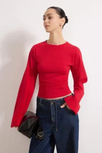 TRENDYOLMİLLA Red Spanish Arm Gathering Detailed Regular/Normal Pattern Knitting Blouse - Image 5