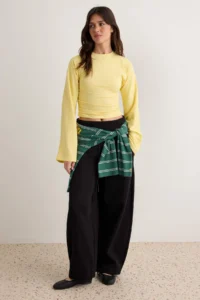 TRENDYOLMİLLA Yellow Spanish Arm Gathering Detailed Regular/Normal Pattern Knitting Blouse - Image 2