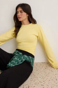 TRENDYOLMİLLA Yellow Spanish Arm Gathering Detailed Regular/Normal Pattern Knitting Blouse - Image 3