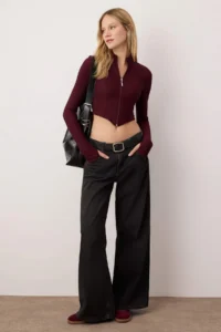 TRENDYOLMİLLA Burgundy ottoman Zippered High Neck Flexible Fitted Knitting Blouse - Image 2