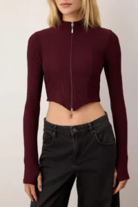 TRENDYOLMİLLA Burgundy ottoman Zippered High Neck Flexible Fitted Knitting Blouse - Image 3