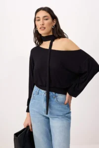 TRENDYOLMİLLA Black Light Omuzlu Shawl Accessory Detailed Regular/Normal Pattern Knitting Blouse