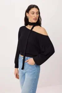TRENDYOLMİLLA Black Light Omuzlu Shawl Accessory Detailed Regular/Normal Pattern Knitting Blouse - Image 2