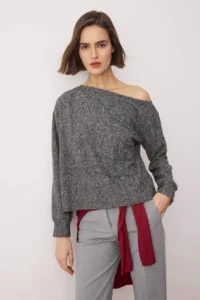 TRENDYOLMİLLA Anthracite soft Regular/Normal Pattern Low Shoulder Knitting Blouse