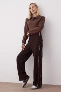 TRENDYOLMİLLA Brown Wide Leg/Wide Cut Biye Detailed Knitting Sweatpants - Image 2