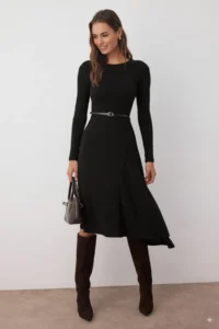 TRENDYOLMİLLA Black Plain A-line/Life Flared Belt Detailed Crew Neck Flexible Maxi Knitting Dress
